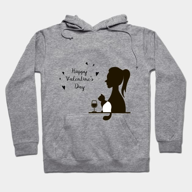 Happy Valentine`s Day female silhouette with the silhouette of a cat and a glass of wine Hoodie by satinrain